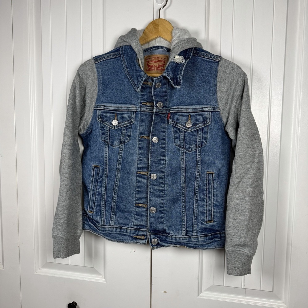 Levi's Hybrid Trucker Jean Jacket Women's Medium Hooded Denim Button Close Flaw - Picture 2 of 11